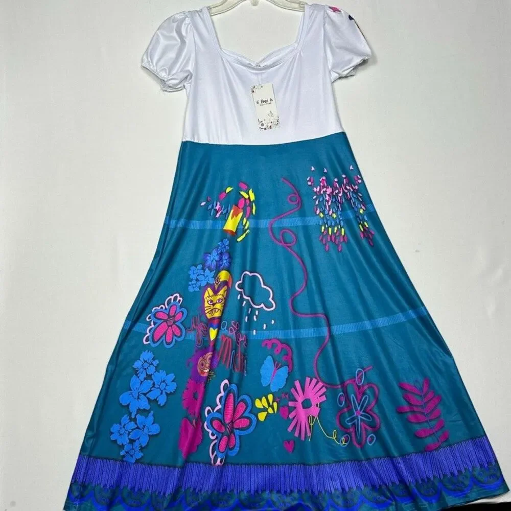 E Bei K kids Wear 150 Girls Dress 12 Encanto Blue White Floral Sweetheart Neck
